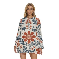 Retro Scandinavian Nordic Flowers Pattern 3 Round Neck Long Sleeve Bohemian Style Chiffon Mini Dress by violetheavensky