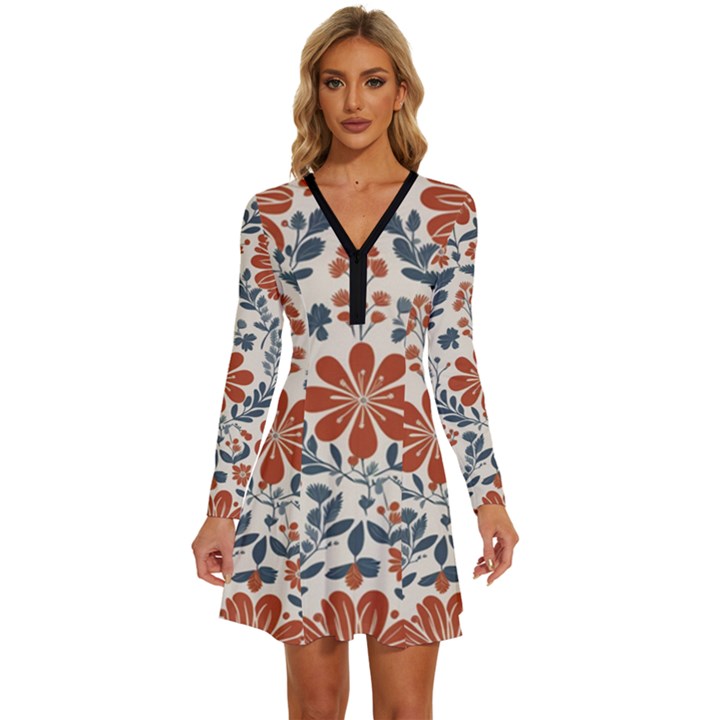 Retro Scandinavian Nordic Flowers Pattern 3 Long Sleeve Deep V Mini Dress 