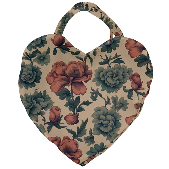 Victorian Beige And Teal Flower Pattern Giant Heart Shaped Tote