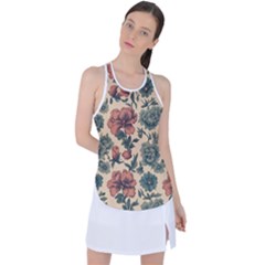 Victorian Beige And Teal Flower Pattern Racer Back Mesh Tank Top by violetheavensky