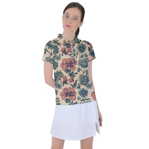 Victorian Beige And Teal Flower Pattern Women s Polo T-shirt by violetheavensky