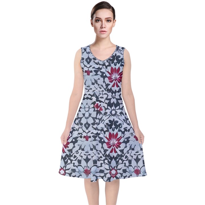 Gothic Leaf Pattern 6 V-Neck Midi Sleeveless Dress 