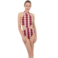 Retro 60s 50s Plaid Pattern 4 Halter Side Cut Swimsuit by violetheavensky