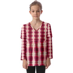 Retro 60s 50s Plaid Pattern 4 Kids  V Neck Casual Top by violetheavensky