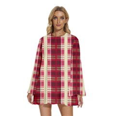 Retro 60s 50s Plaid Pattern 4 Round Neck Long Sleeve Bohemian Style Chiffon Mini Dress by violetheavensky