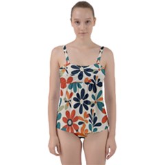 Retro Scandinavian Nordic Flowers Pattern 2 Twist Front Tankini Set by violetheavensky