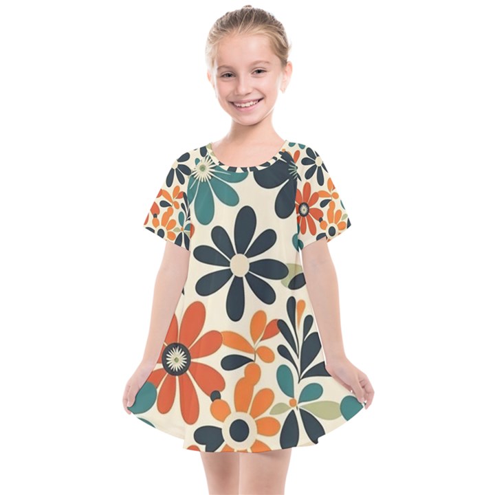 Retro Scandinavian Nordic Flowers Pattern 2 Kids  Smock Dress