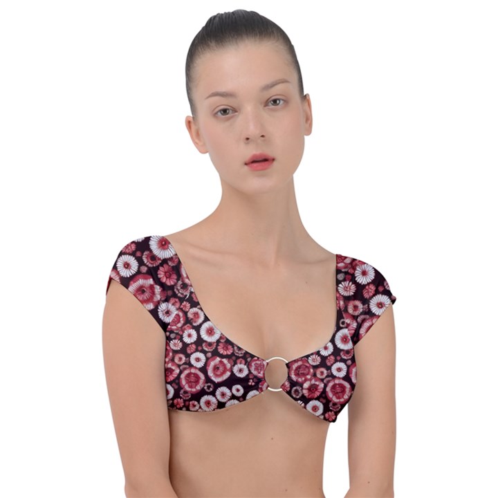 Mid Century Retro Floral 1970s 1960s Pattern 96 Cap Sleeve Ring Bikini Top