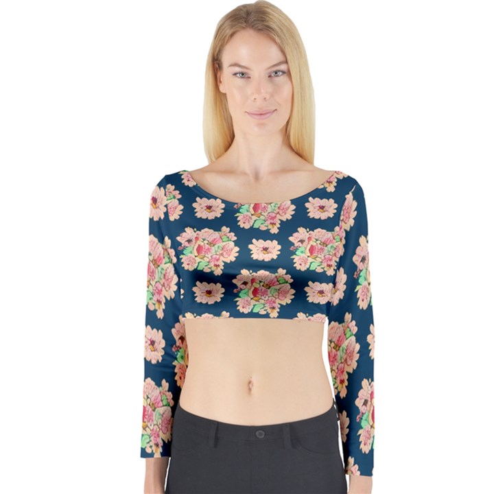 Retro 1880s Flowers Pattern 7 Long Sleeve Crop Top