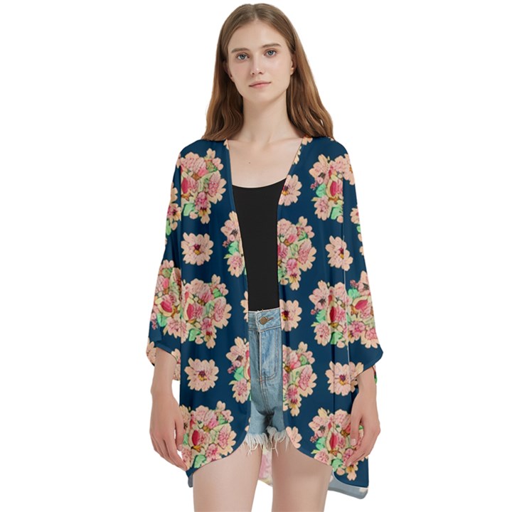 Retro 1880s Flowers Pattern 7 Open Front 3/4 Sleeve Batwing Chiffon Cardigan Kimono