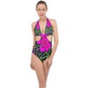 Mid Century Retro Floral 1970s 1960s Pattern 99 Halter Front Plunge Swimsuit View1