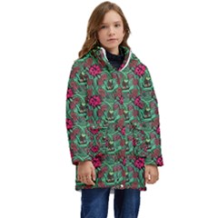 Retro 1880s Flowers Pattern 3 Kids  Hooded Longline Puffer Jacket by violetheavensky