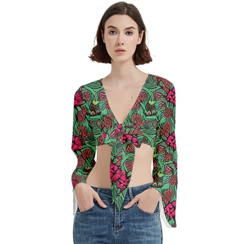 Retro 1880s Flowers Pattern 3 Trumpet Sleeve Cropped Top by violetheavensky