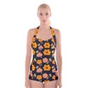 Retro 40s 50s Flowers Pattern Halloween 3 Boyleg Halter Swimsuit  View1