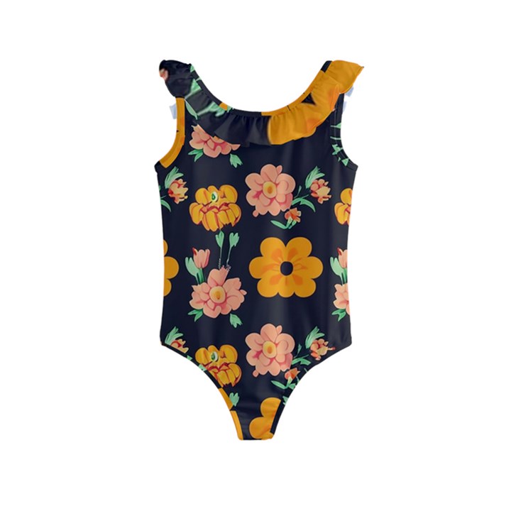 Retro 40s 50s Flowers Pattern Halloween 3 Kids  Frill Swimsuit