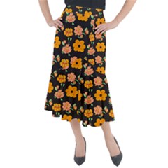 Retro 40s 50s Flowers Pattern Halloween 3 Midi Mermaid Skirt by violetheavensky