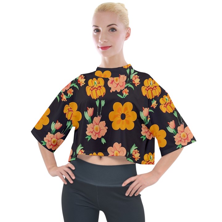 Retro 40s 50s Flowers Pattern Halloween 3 Mock Neck T-Shirt