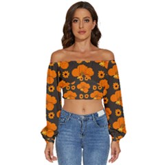 Retro 40s 50s Flowers Pattern Halloween 2 Long Sleeve Crinkled Weave Crop Top by violetheavensky