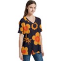 Retro 40s 50s Flowers Pattern Halloween V-Neck Split Shoulder Casual T-Shirt View3