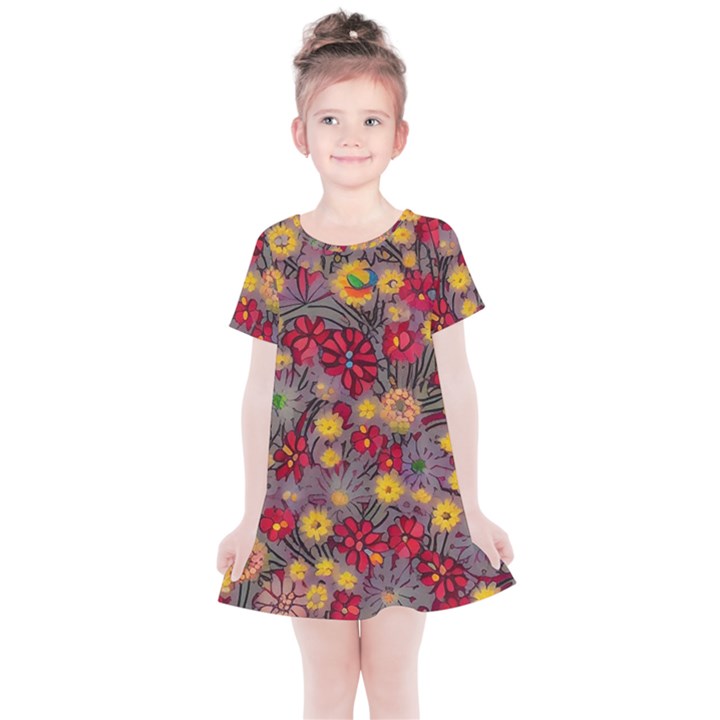 Mid Century Retro Floral 1970s 1960s Pattern 90 Kids  Simple Cotton Dress