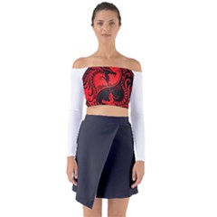 Red Yin Yang Dragons Long Sleeve Off Shoulder Crop Top by JeffBartels