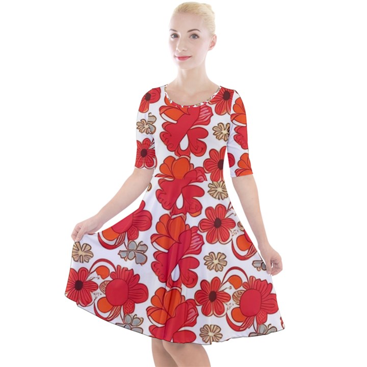 Mid Century Retro Floral 1970s 1960s Pattern 91 Quarter Sleeve A-Line Dress