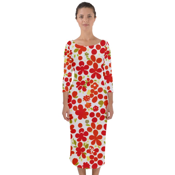 Mid Century Retro Floral 1970s 1960s Pattern 92 Quarter Sleeve Midi Bodycon Dress