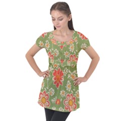 Retro 40s 50s Mexico Flowers Pattern 3 Puff Sleeve Tunic Top by violetheavensky