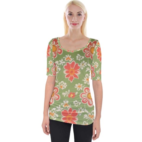 Retro 40s 50s Mexico Flowers Pattern 3 Wide Neckline T-shirt by violetheavensky