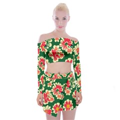 Retro 40s 50s Mexico Flowers Pattern 2 Off Shoulder Top With Mini Skirt Set by violetheavensky