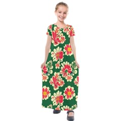 Retro 40s 50s Mexico Flowers Pattern 2 Kids  Short Sleeve Maxi Dress by violetheavensky