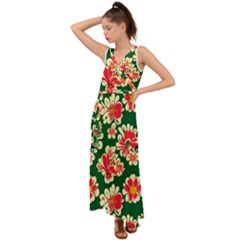 Retro 40s 50s Mexico Flowers Pattern 2 V-neck Chiffon Maxi Dress by violetheavensky