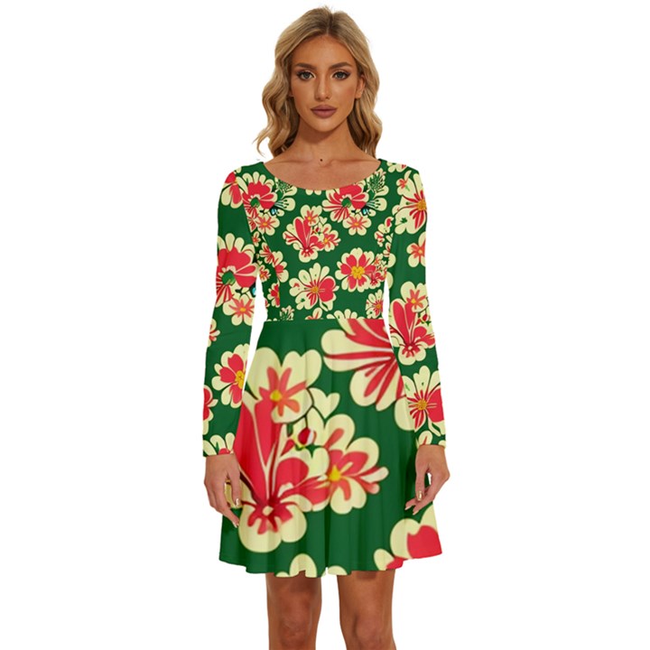 Retro 40s 50s Mexico Flowers Pattern 2 Long Sleeve Wide Neck Velvet Dress