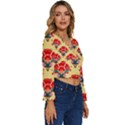 Retro 40s 50s Mexico Flowers Pattern 4 Long Sleeve V-Neck Top View3