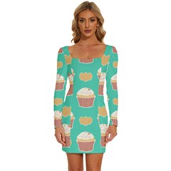 Retro 40s 50s Cupcake Pattern 3 Long Sleeve Square Neck Bodycon Velvet Dress by violetheavensky