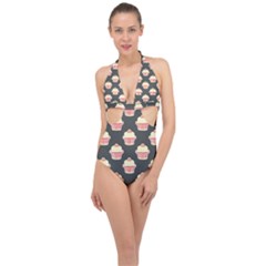 Retro 40s 50s Cupcake Pattern 4 Halter Front Plunge Swimsuit by violetheavensky