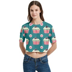 Retro 40s 50s Cupcake Pattern 2 Women s Round Neck Short Sleeve Crop Top by violetheavensky