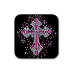 Hot Pink Rhinestone Cross 4 Pack Rubber Drinks Coaster (Square) Front