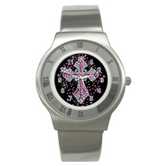 Hot Pink Rhinestone Cross Stainless Steel Watch (round) by artattack4all