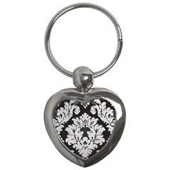 Diamond Bling Glitter On Damask Black Key Chain (heart) by artattack4all