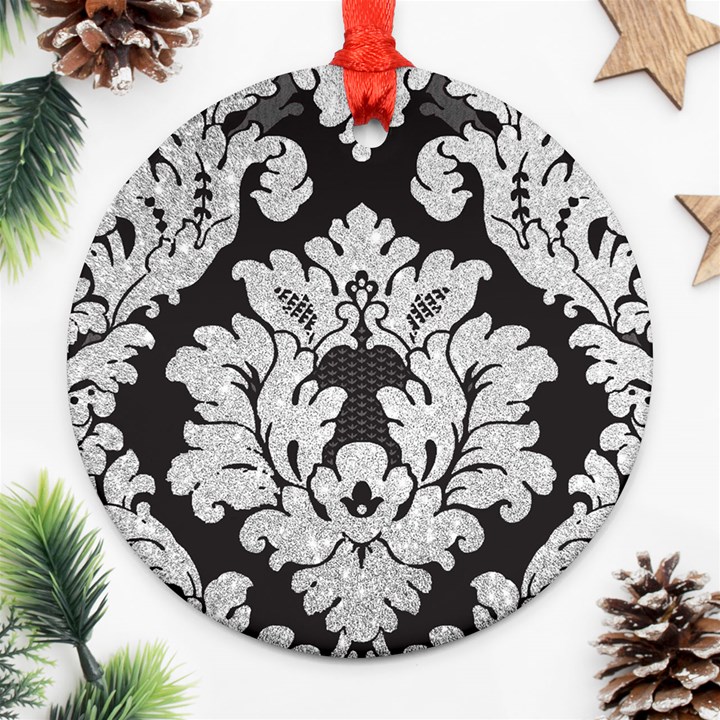 Diamond Bling Glitter on Damask Black Twin-sided Ceramic Ornament (Round)