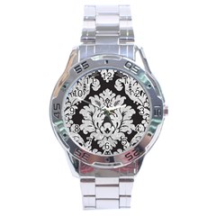 Diamond Bling Glitter On Damask Black Stainless Steel Analogue Watch (round) by artattack4all