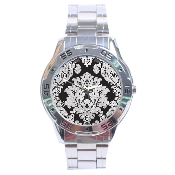 Diamond Bling Glitter on Damask Black Stainless Steel Analogue Watch (Round)