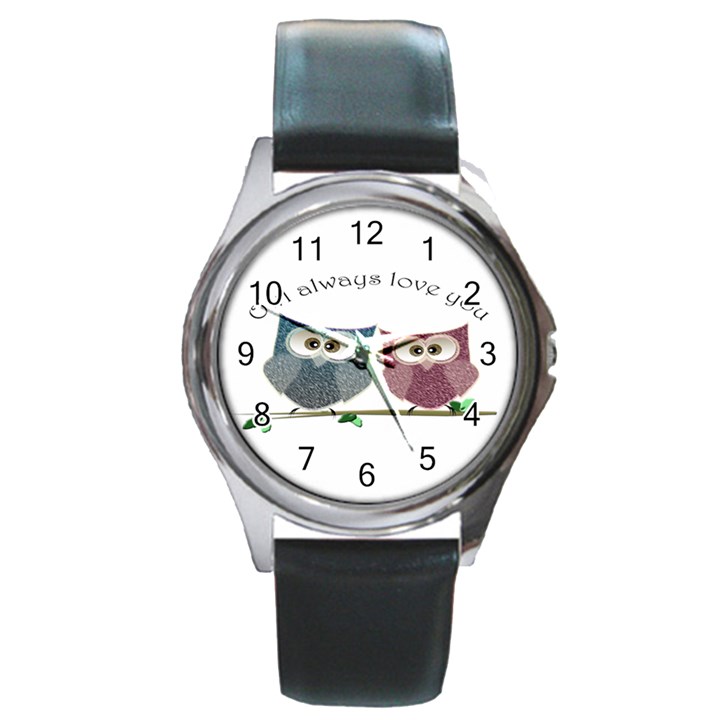 Owl always love you, cute Owls Black Leather Watch (Round)