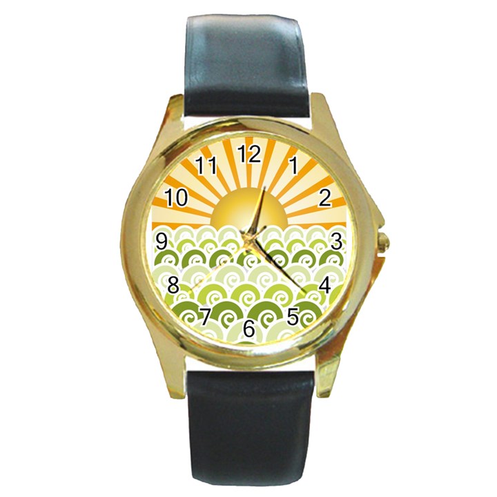 Along The Green Waves Round Metal Watch (Gold Rim) 