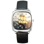 French Warship Square Leather Watch Front