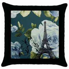 Blue Roses Vintage Paris Eiffel Tower Floral Fashion Decor Black Throw Pillow Case by chicelegantboutique