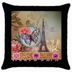 Fuschia Flowers Butterfly Eiffel Tower Vintage Paris Fashion Black Throw Pillow Case by chicelegantboutique