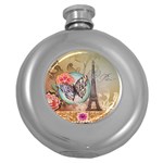 Fuschia Flowers Butterfly Eiffel Tower Vintage Paris Fashion Hip Flask (Round) Front