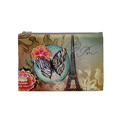 Fuschia Flowers Butterfly Eiffel Tower Vintage Paris Fashion Cosmetic Bag (medium) by chicelegantboutique